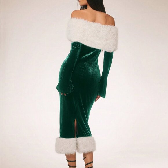 Dark Green Elegant Women's faux fur trim Off Shoulder Long Sleeve Midi Dress - Picture 2 of 7